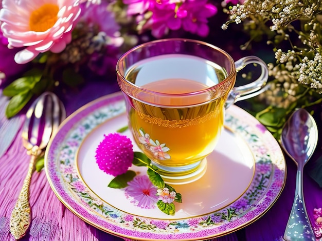 Herbal tea cup of tea and bouquet flowers and wildflowers on table in garden cup of flower tea with saucer and spoon purple lilac and pink tones image created with generative AI