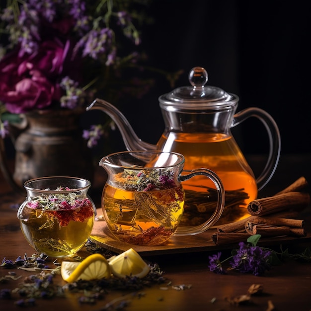 Herbal tea in glass teapot and cup on wooden table