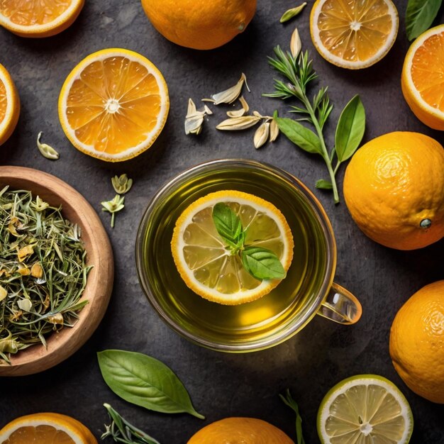 Photo herbal tea infused with fresh herbs and citrus