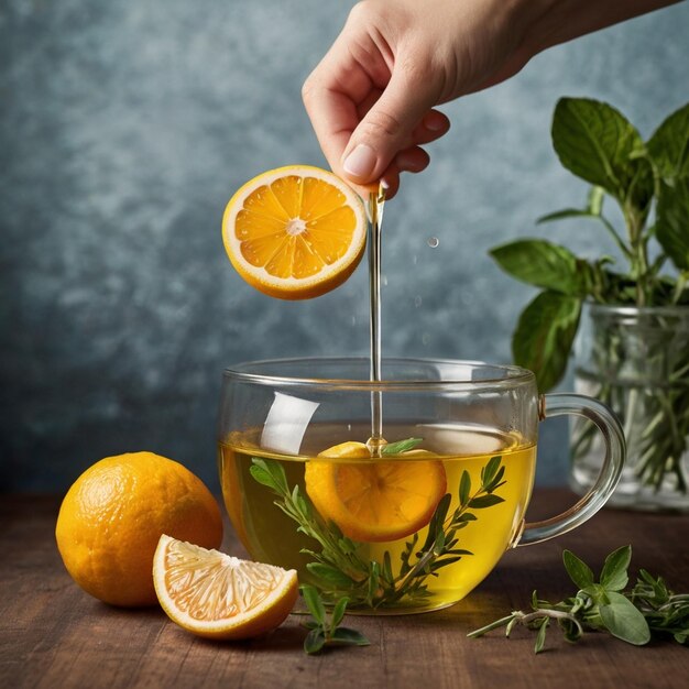 Photo herbal tea infused with fresh herbs and citrus