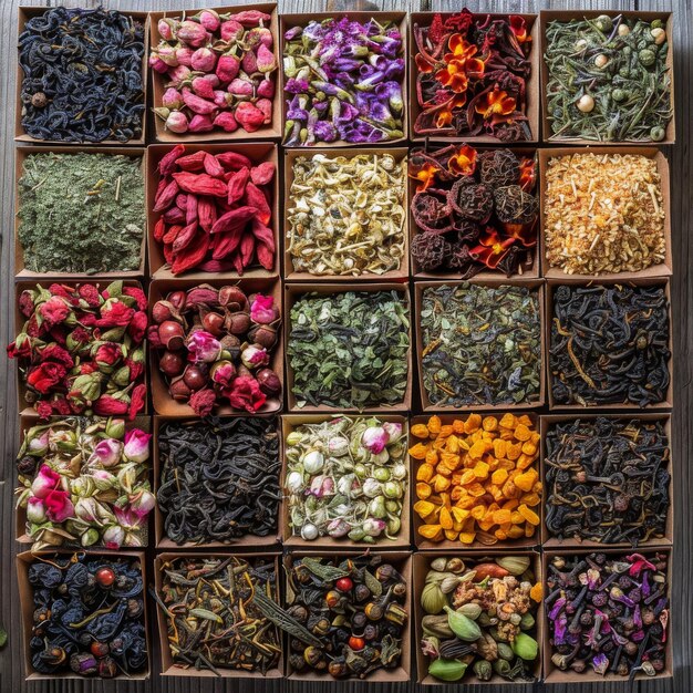 Photo herbal tea mixes set top view flat lay on natural background dry organic healthy tea leaves fruits flowers