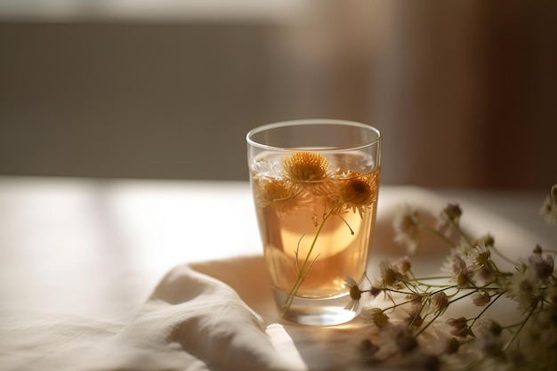 Herbal tea with flowers in glass cup on the table AI generated