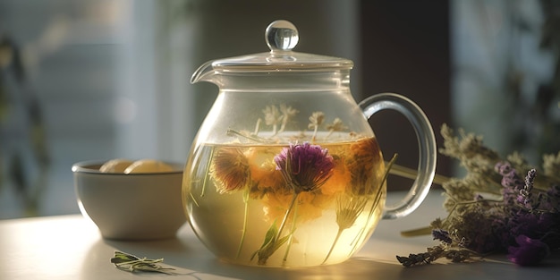 Herbal tea with flowers in glass teapot on the table AI generated