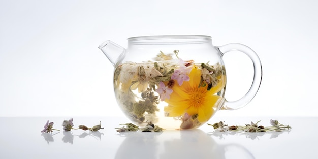 Herbal tea with flowers in glass teapot on white background AI generated