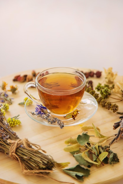 Herbal tea with medicinal herbs and flowers Selective focus