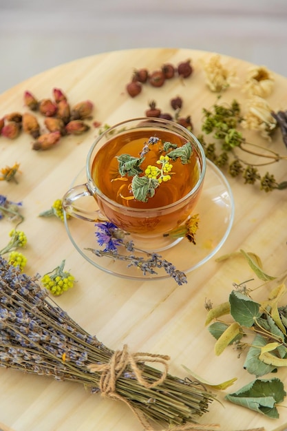 Herbal tea with medicinal herbs and flowers Selective focus