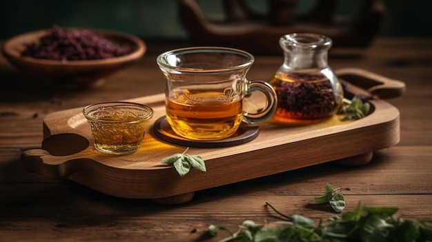 Herbal tea on wooden serving platter