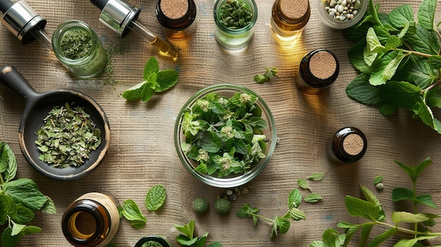 Photo herbalist workspace with fresh herbs and essential oils for natural healing