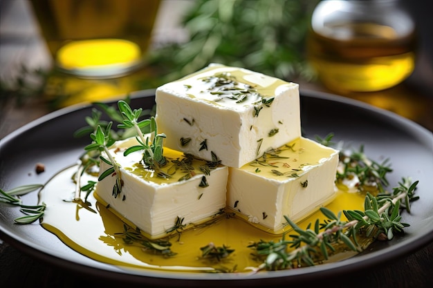 Herbed olive oil on sliced Feta