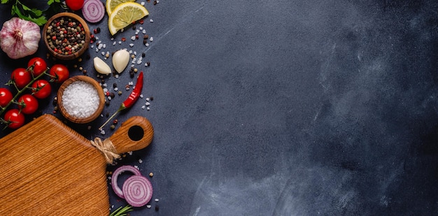 Herbs and condiments on black stone background