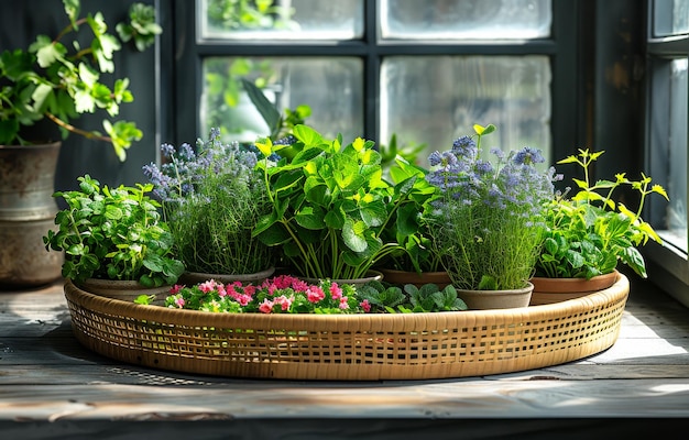 Herbs and flowers in pots on the balcony A fresh herbs displayed on a platter