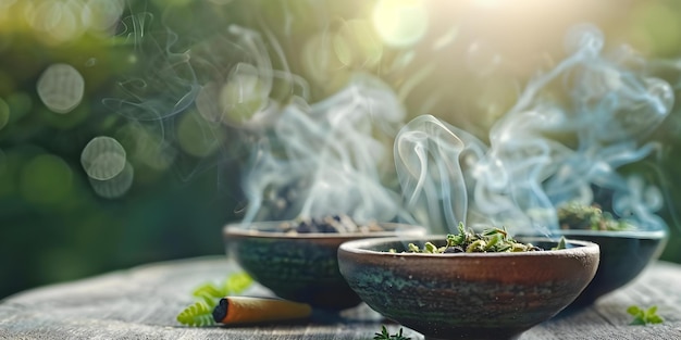 Herbs and Incense in Focus Against Forest Backdrop Concept Nature Photography Herbalism Aromatherapy Outdoor Wellness