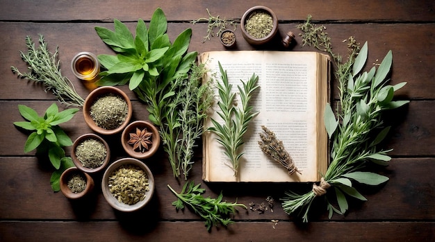 Photo herbs medicines and old book displayed on a rustic wooden table