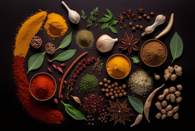 Herbs and spices are neatly arranged generative ai