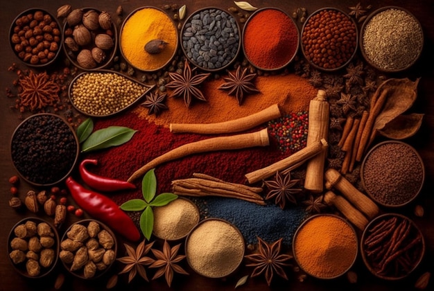 Herbs and spices are neatly arranged generative ai