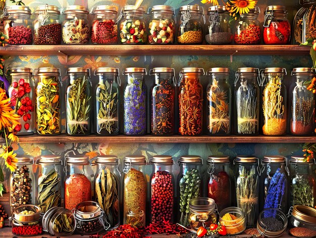 Herbs and spices for cooking Abundance of colorful spices and herbs arrange