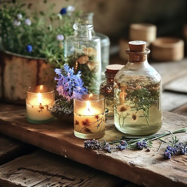 Herbs with flowers candles and essential oils