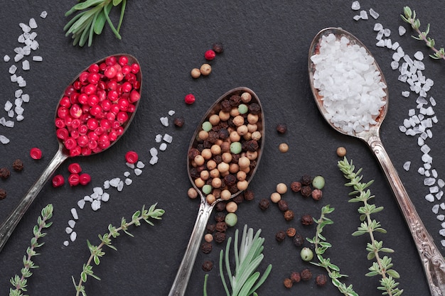 Herbs with salt and pepper in spoons on black slate stone background