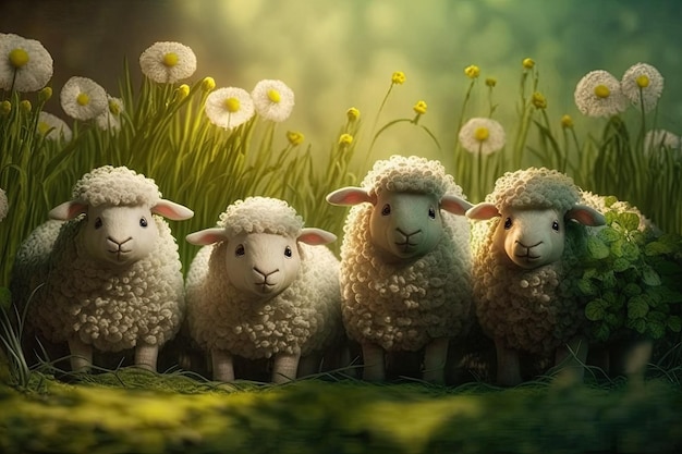 A herd of adorably wooly lambs frolicking in the early morning sunshine on a lush green spring