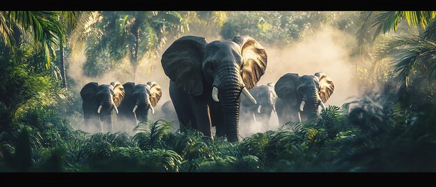 Herd of African Forest Elephants Walking Through the Forest