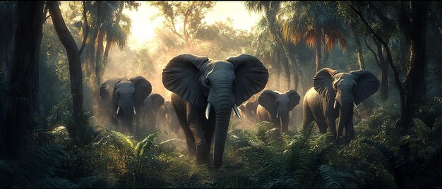 Herd of African Forest Elephants Walking Through the Forest