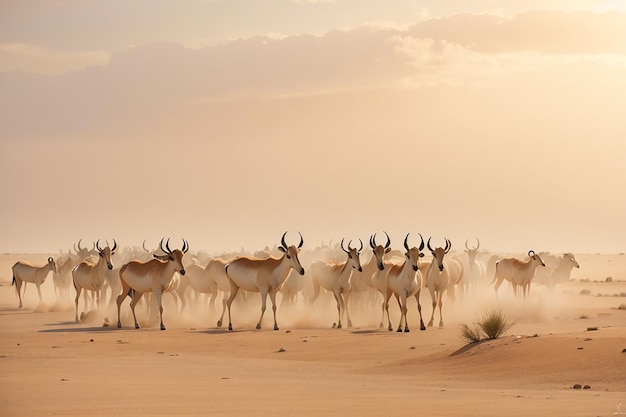 Herd of antelopes grazing in the desert pan sand storm and fog wildlife safari in the etosha national park