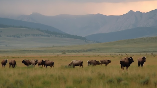 A herd of bison are grazing in a field with mountains in the background.