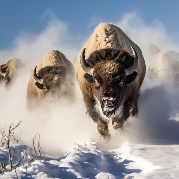 A herd of bison runs across the snow in search of food