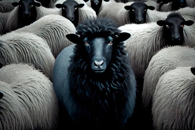 A herd of black sheep with a white one in the middle generative AI