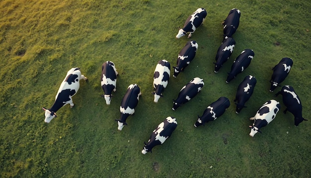 Photo a herd of black and white cows grazing on a lush green meadow aerial view