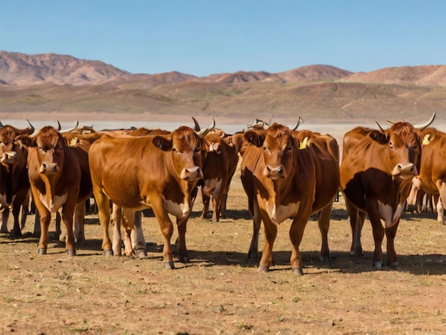 A herd of brown cows on a desert farm