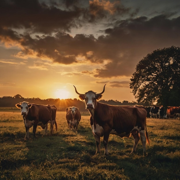 a herd of cattle standing in a field with the sun setting behind them