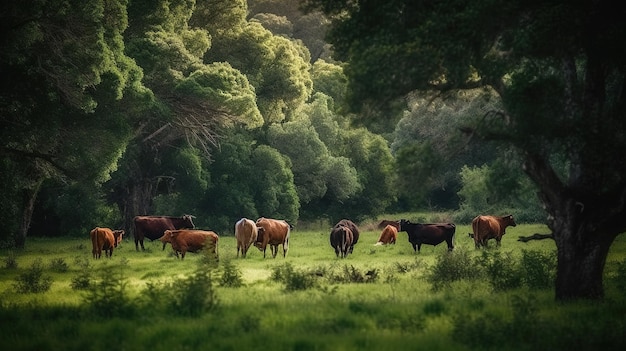 A herd of cows are grazing in a field with trees in the background.