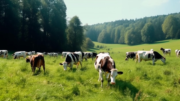 Herd of cows eating grass on the glade Generative AI