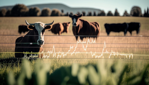 A herd of cows in a field with a heart rate chart on the fence.