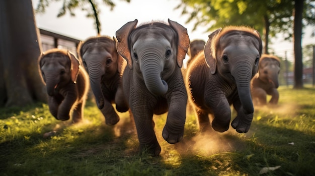 A herd of cute elephants running and playing on the green grass in the park