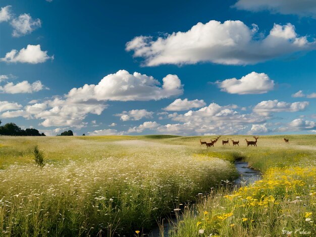 Photo a herd of deer are walking through a field of grass