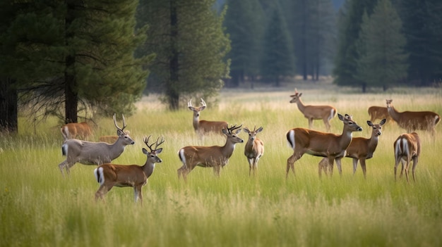 A herd of deer in a field with trees in the background