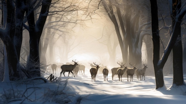 A herd of deer make their way through a snowy forest Generative AI