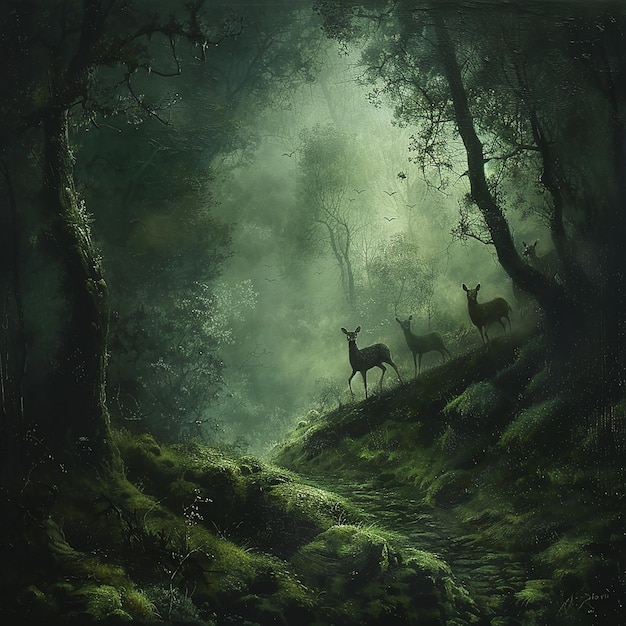 A herd of deer moves through a partially obscured misty forest