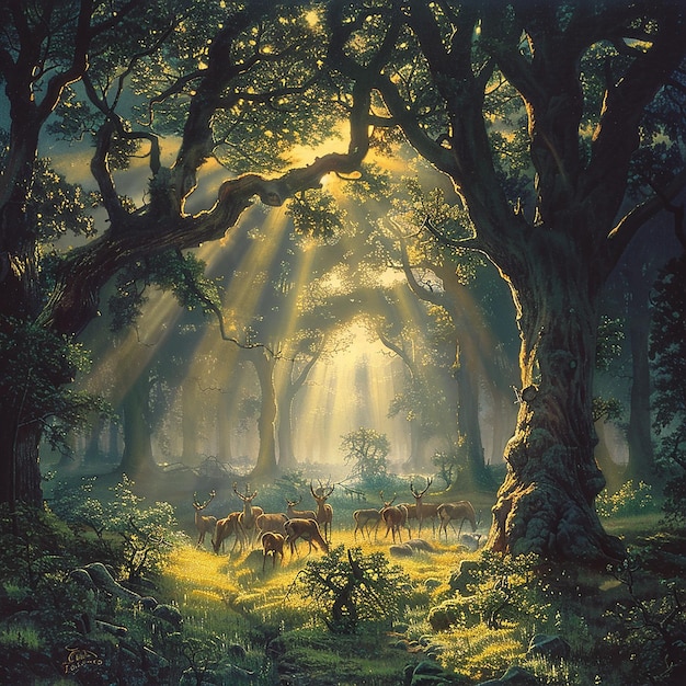 A herd of deer roam freely in a quiet environment where the sun rays fall well