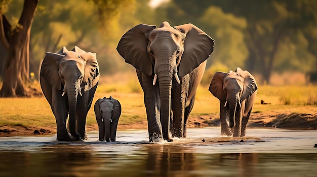 A herd of elephants are crossing a river