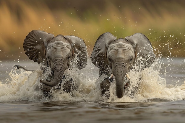 Photo a herd of elephants are running through a water hole