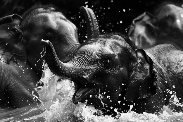 Photo a herd of elephants are running through a water hole