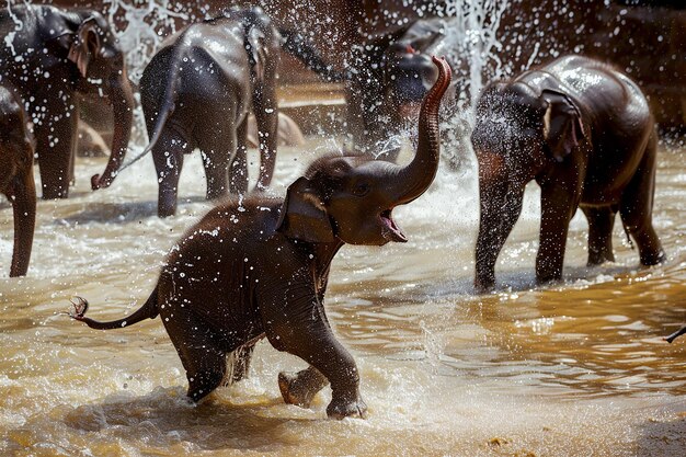 Photo a herd of elephants are running through a water hole