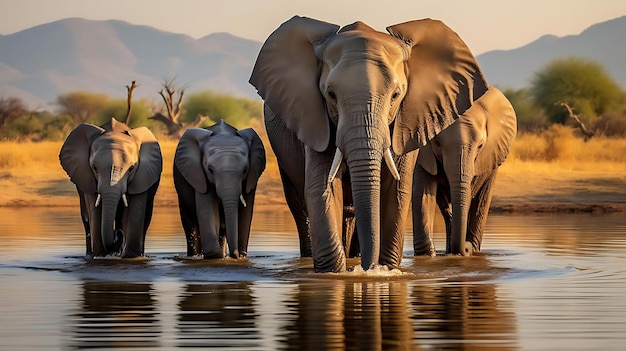 A herd of elephants are standing in a river with the mountains in the background