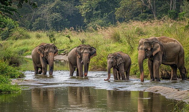 a herd of elephants are standing in the water