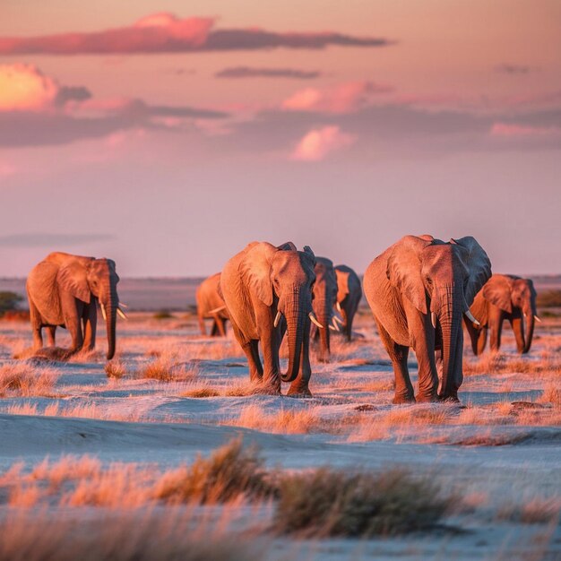 a herd of elephants are walking in the desert with the sunset in the background