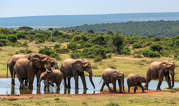 a herd of elephants drinking from a pond with a mountain in the background