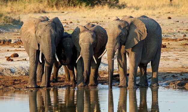 a herd of elephants drinking from a pond with the sun shining on them